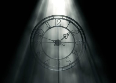 Metal çerçeve kule saatinin normal sayılarla üç boyutlu görüntüsü, siyah arkaplan üzerinde parlak puslu ışık ışınları, klasik, mimari ve zaman temalı tasarım projeleri için ideal..