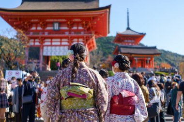 Japonya 'nın Kyoto şehrinde Japon kimonosu giyen genç bir kız. Kimono geleneksel bir Japon giysisidir. 