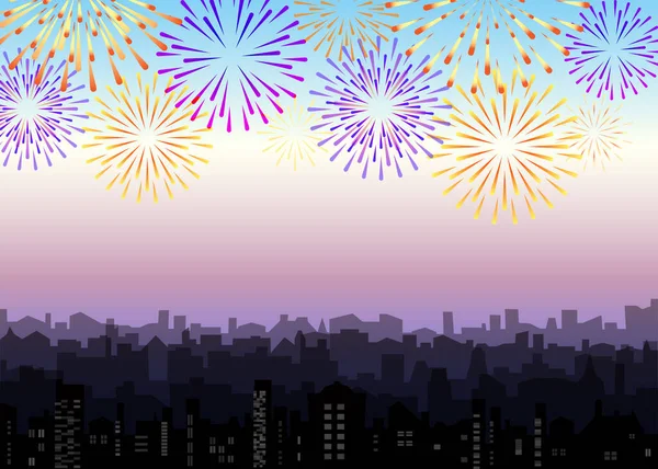 庆祝节日爆竹镇上空 城市的轮廓与烟火 Jpeg摩天大楼景观与明亮的节日敬礼 — 图库照片
