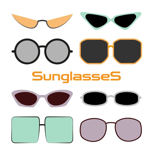 Sunglasses Collection Cartoon Style Summer Sun Protection Sunglasses Colorful Icon — Stock Vector