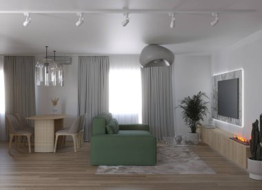 3 boyutlu yeni Wabi Sabi tarzı oturma odası iç mimarisi..