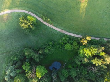 Güzelliğin Üzerinde Yükselen: Kuzey Avrupa 'da Drone' la Gündoğumu sırasında Serene Green Ovaları, Ağaçlar ve Çakıl Yolu 'nun Havadan Görünümü