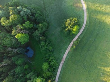 Güzelliğin Üzerinde Yükselen: Kuzey Avrupa 'da Drone' la Gündoğumu sırasında Serene Green Ovaları, Ağaçlar ve Çakıl Yolu 'nun Havadan Görünümü