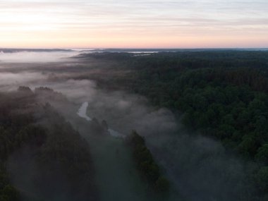 Drone 's Eye View: Kuzey Avrupa' da Puslu Nehir ve Ormanlık Arazi Üzerinde Sakin Gün Doğumu