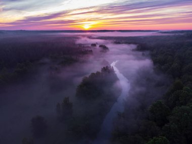 Drone 's Eye View: Kuzey Avrupa' da Puslu Nehir ve Ormanlık Arazi Üzerinde Sakin Gün Doğumu