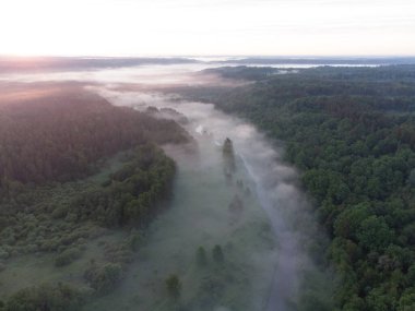 Drone 's Eye View: Kuzey Avrupa' da Puslu Nehir ve Ormanlık Arazi Üzerinde Sakin Gün Doğumu