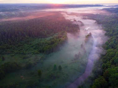 Drone 's Eye View: Kuzey Avrupa' da Puslu Nehir ve Ormanlık Arazi Üzerinde Sakin Gün Doğumu