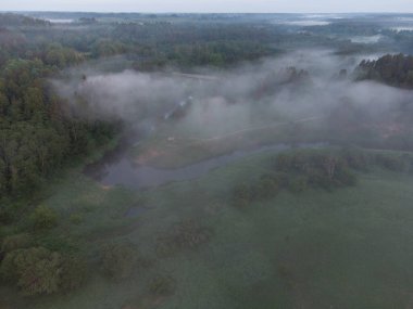 Majestic Morning: Kuzey Avrupa 'da Gündoğumunda Puslu Orman ve Nehir Büyüleyici Hava Görüntüsü