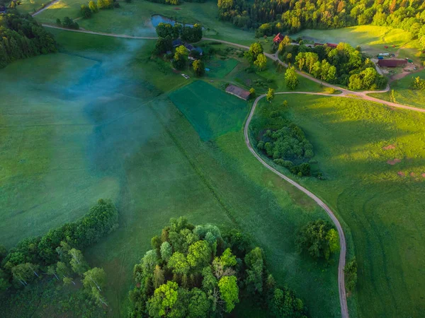 Güzelliğin Üzerinde Yükselen: Kuzey Avrupa 'da Drone' la Gündoğumu sırasında Serene Green Ovaları, Ağaçlar ve Çakıl Yolu 'nun Havadan Görünümü