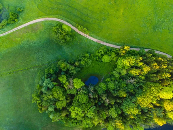 Stijgen Boven Schoonheid Luchtfoto Van Serene Groene Weiden Bomen Grindwegen — Stockfoto