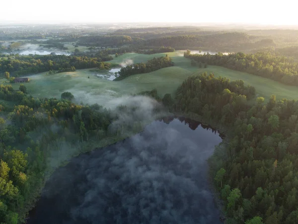 Majestatyczny Poranek Drone Eye View Misty Lake Woods Wschodzie Słońca — Zdjęcie stockowe