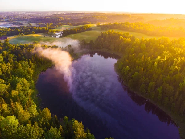 Majestic Morning Vista Dron Lago Nublado Bosque Amanecer Norte Europa — Foto de Stock