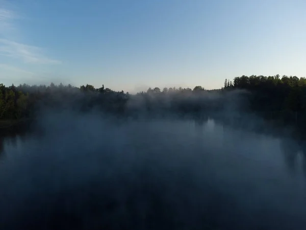 Majestic Morning Drone Eye View Misty Lake Woods Sunrise Northern — Stock Photo, Image