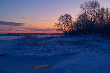 Güneş doğarken donmuş gölün güzel bir kış manzarası. Kuzey Avrupa 'da renkli manzara.