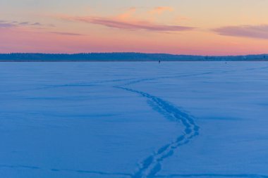 Donmuş gölü ve karda izleri olan güzel bir gündoğumu manzarası. Kuzey Avrupa 'da kış manzarası ve gökyüzü.