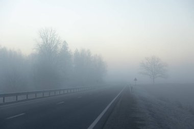 Kışın başında sisli güzel bir sabah. Kuzey Avrupa 'nın puslu gündoğumu manzarası.