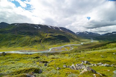 Yerli bitkilerle dolu güzel Rapa nehri Rapadalen manzarası. İsveç 'teki Sarek Ulusal Parkı' nın yukarısından bir dağ nehri. Kuzey Avrupa 'nın yaz manzarası.