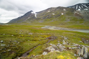 İsveç 'teki Sarek Ulusal Parkı' nda güzel bir dağ nehri manzarası. Kuzey yaban hayatı manzarası.