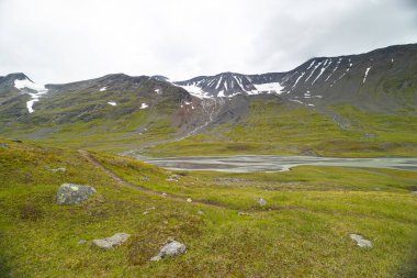 İsveç 'teki Sarek Ulusal Parkı' nda güzel bir dağ nehri manzarası. Kuzey yaban hayatı manzarası.