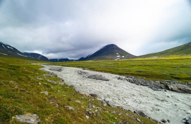 İsveç 'teki Sarek Ulusal Parkı' nda çalkantılı bir dağ nehri. Kuzey Avrupa 'da suyu olan bir yaz manzarası.