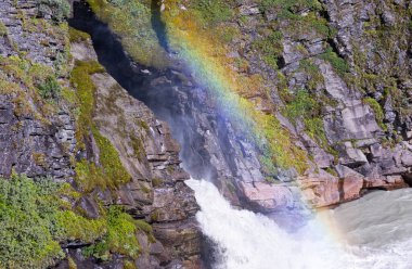 İsveç 'teki Sarek Ulusal Parkı' nda çalkantılı bir dağ nehri. Kuzey Avrupa 'da suyu olan bir yaz manzarası.