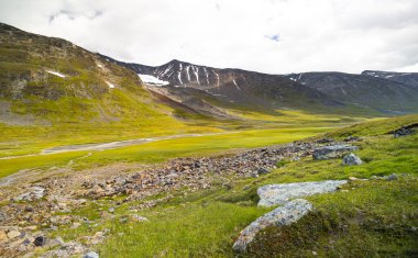 Nehirli Sarek Ulusal Parkı 'nın güzel bir yaz manzarası. Kuzey Avrupa 'nın vahşi manzarası.