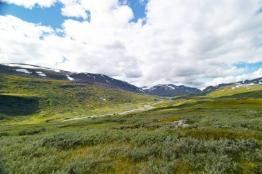 Nehirli Sarek Ulusal Parkı 'nın güzel bir yaz manzarası. Kuzey Avrupa 'nın vahşi manzarası.