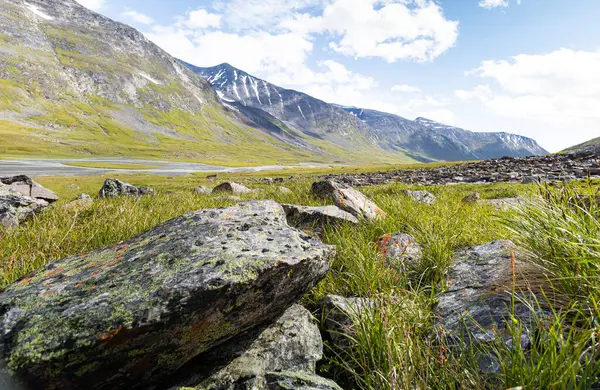 İsveç 'teki Sarek Ulusal Parkı' nda büyük bir kaya oluşumu. Kuzey Avrupa 'nın vahşi yaz manzarası.