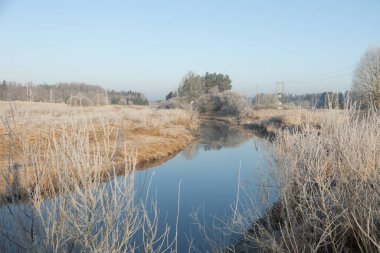 Nehirli güzel bir ilkbahar manzarası. Kuzey Avrupa 'nın doğal kırsal manzarası.