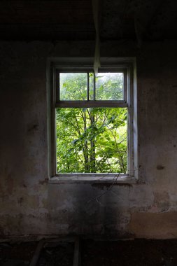 Letonya, Avrupa 'da kırsal bir çiftliğin eski, kırık bir penceresi. Yıkık dökük, terk edilmiş bir ev..
