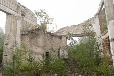 An old, collapsed building in soviet army base in Latvia, Europe. Abandoned white brick building.