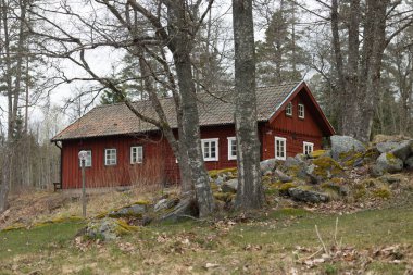 İsveç kırsalında geleneksel İskandinav ahşap evi. Kuzey Avrupa 'nın doğal bahar manzarası.