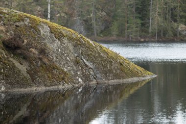 İsveç ormanlarındaki göl kıyısında güneşli güzel bir gün. İskandinavya 'nın doğal bahar manzarası.