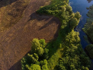 Küçük bir gölün güzel bir yaz manzarası, yeşil ağaçlar ve tarlalar, bir drondan alındı. Letonya 'nın doğal kırsal manzarası, Kuzey Avrupa.