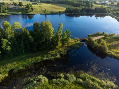 Küçük bir gölün güzel bir yaz manzarası, yeşil ağaçlar ve tarlalar, bir drondan alındı. Letonya 'nın doğal kırsal manzarası, Kuzey Avrupa.