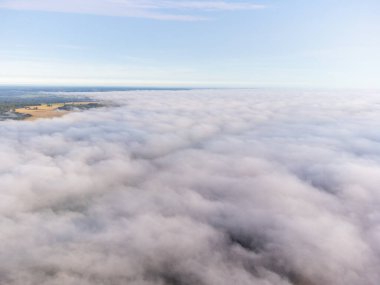Letonya kırsalının yaz manzarasını kaplayan yumuşak beyaz sis. Sis bulutlarının hava fotoğrafçılığı.