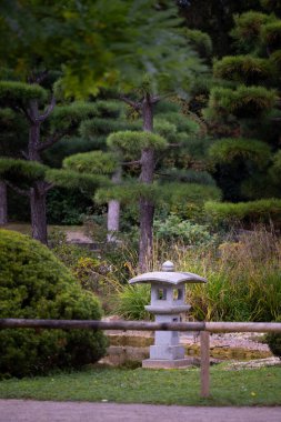 Nordpark, Düsseldorf, Almanya 'da güzel bir doğulu bahçe manzarası. Kamu parkında sonbahar manzarası.