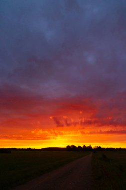Renkli gündoğumu gökyüzüne sahip güzel bir minimalist manzara. Letonya kırsalının parlak yaz manzarası, Kuzey Avrupa.