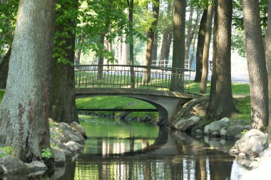 Riga 'daki parktaki kanal üzerinde güzel bir köprü. Letonya 'nın güneşli yaz manzarası, Kuzey Avrupa.