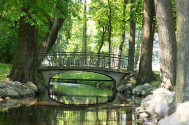 Riga 'daki parktaki kanal üzerinde güzel bir köprü. Letonya 'nın güneşli yaz manzarası, Kuzey Avrupa.