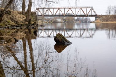 Nehrin üzerindeki metal köprünün yakınındaki ilkbahar detayları. Riga, Letonya 'da Nisan ayında bulutlu bir gün.
