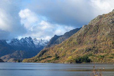 Norveç, Lofoten adalarındaki fiyortların güzel sonbahar manzarası. Kuzey Kutbu sonbaharında senkronize gün. Kuzey Avrupa 'nın mevsimlik İskandinavya manzarası.