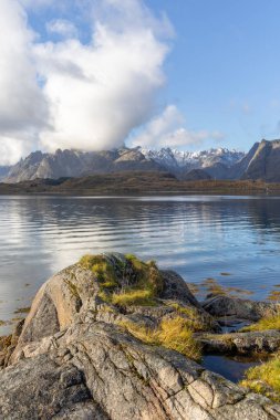 Norveç 'in Lofoten adalarındaki fiyortlarda güneşli bir sonbahar gününde güzel kayalık kıyı manzarası. İskandinavya 'nın mevsimlik manzarası.