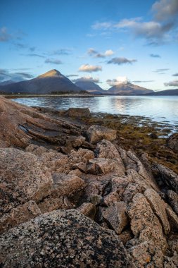 Norveç 'in Lofoten adalarındaki fiyortlarda güneşli bir sonbahar gününde güzel kayalık kıyı manzarası. İskandinavya 'nın mevsimlik manzarası.