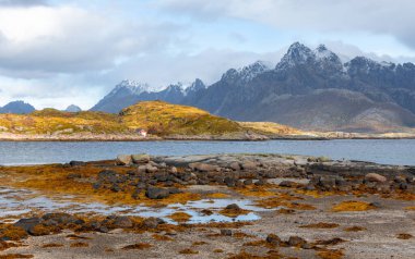 Güneşli bir günde Norveç 'in Svolvaer, Lofoten istanlarının yakınında güzel bir sonbahar manzarası.