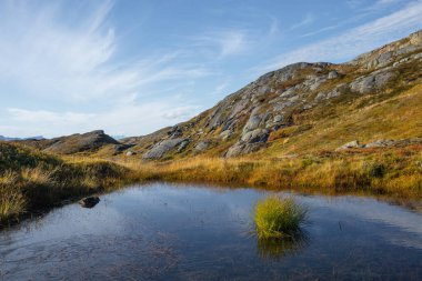Kuzey Norveç 'te dağ gölü olan güzel bir sonbahar manzarası. İskandinavya 'nın mevsimlik manzarası.