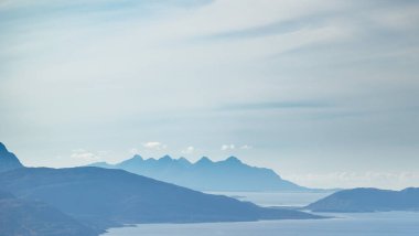 Kuzey Norveç 'teki fiyort kıyısında güzel bir sonbahar manzarası. İskandinavya 'nın mevsimlik manzarası.