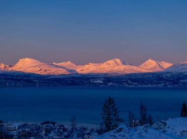 Fiyort üzerinde karlı dağları olan güzel bir kuzey şehri Narvik. Kuzey Kutbu 'ndaki bir kasabanın Norveç manzarası. Kış mevsiminde İskandinavya 'da Kuzey Kutbu doğası.