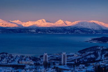 Fiyort üzerinde karlı dağları olan güzel bir kuzey şehri Narvik. Kuzey Kutbu 'ndaki bir kasabanın Norveç manzarası. Kış mevsiminde İskandinavya 'da Kuzey Kutbu doğası.