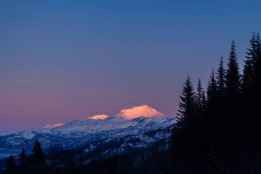 Kışın karlı dağlar ve ağaçlarla güzel bir Norveç arktik manzarası. Kış mevsiminde İskandinavya 'da Kuzey Kutbu doğası.